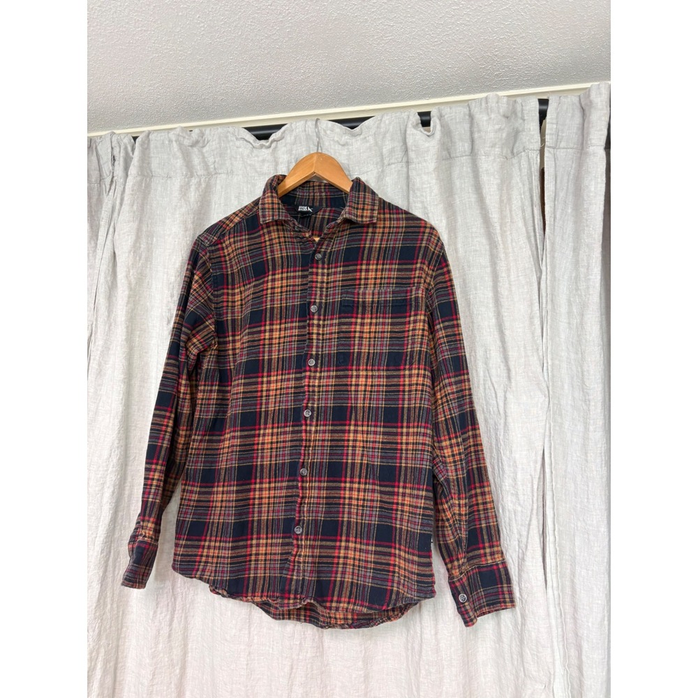 Eddie Bauer Mens M Plaid Flannel Shirt Long Sleeve Cotton Navy‎ Red Orange